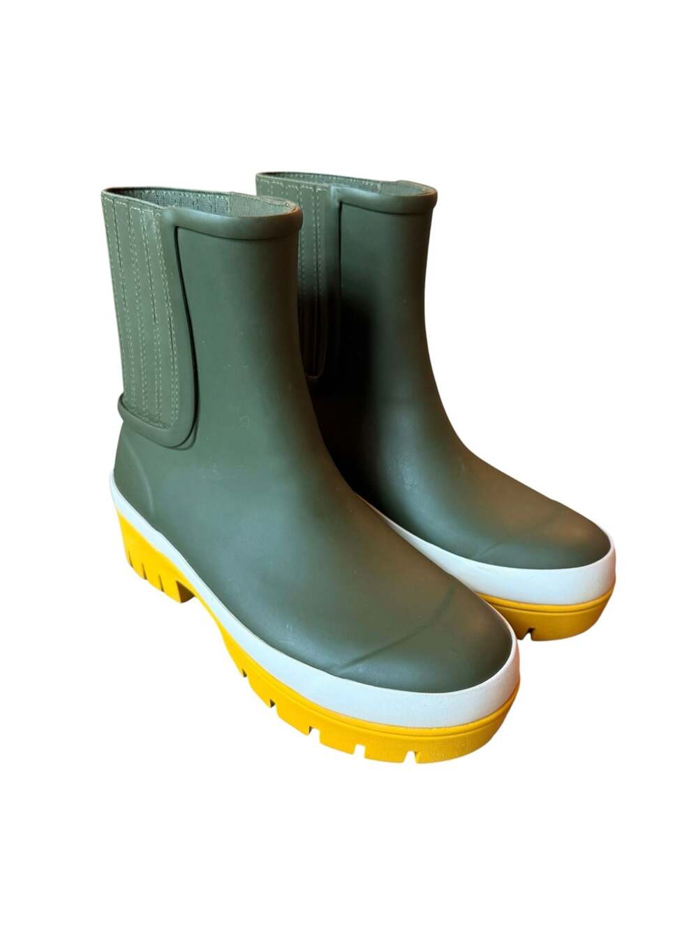 Tory Burch Foul Weather “Hurricane” Rubber Rain Boots - Olive Green and Yellow